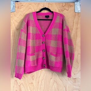 Vici Pink and Tan Cardigan Sweater with Plaid Design